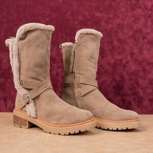 Sam Edelman Women Jailyn Taupe Waterproof Suede Plush Lined Zip Lug Boots sz 7.5